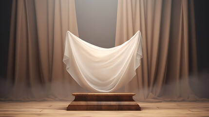 3D display podium, wood frame pedestal and flying silk cloth curtain. Luxury feminine mockup 3d render - obrazy, fototapety, plakaty