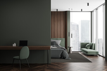 Naklejka na ściany i meble Green home bedroom interior with work and relax space, window. Mock up wall