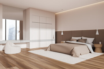 Fototapeta na wymiar White and beige bedroom corner with armchair