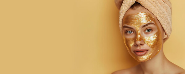 young woman with a towel on her head and a golden mask on her face, cosmetic facial skin care procedure