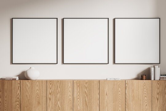 White home living room interior with drawer and art decoration, mockup frames