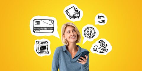 Woman with phone in hand smiling, cashback icons doodle drawing