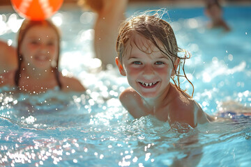 Fototapeta na wymiar Portrait of happy children playing ball in the swimming pool