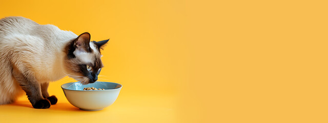 side view of a siamese cat eating food from a bowl isolated on a light yellow background - obrazy, fototapety, plakaty