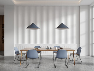 Light home meeting room interior with eating table and chairs, window