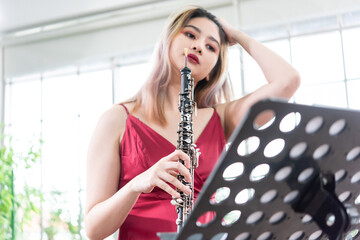 Beautiful young woman in a red dress playing the clarinet .,Classical musician oboe playing..