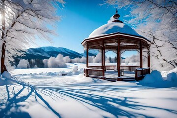 A snow-covered wooden gazebo surrounded by a pristine winter landscape, with clear skies and intricate frost patterns. - Powered by Adobe