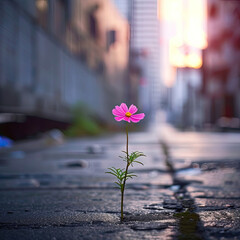 Solitary Pink Cosmos Flower Emerging from Urban Pavement
