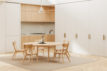 Modern home kitchen interior with dining space and cooking cabinet