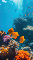 Naklejka na ściany i meble Underwater scene, coral reefs, vibrant marine life, phone wallpaper, aesthetic background for Instagram stories