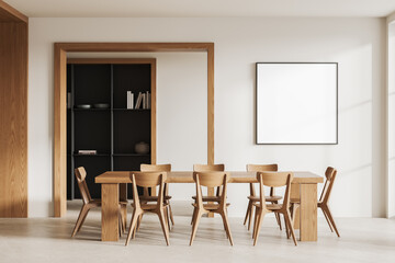 Wooden meeting room interior with seats and eating table, shelf and mockup frame