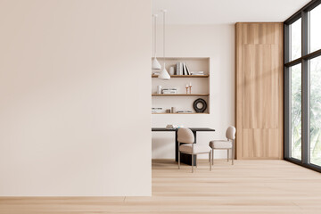 Home living room interior with table and seats, panoramic window. Mock up wall