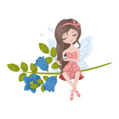 Fairy girl. Cute girl with flowers. Princess girl. Watercolor style. Drawing. Vector illustration isolated on white background. Poster, print, greeting card