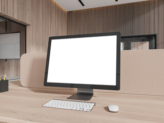 Fototapeta premium Stylish wooden office interior with pc computer mockup screen on table