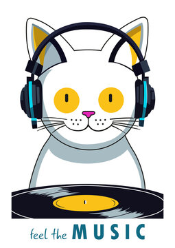 Cartoon cat DJ wearing headphones and holding a vinyl record. Poster, flyer or poster design for a music party or disco.