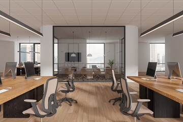 Stylish office interior with coworking and glass meeting room, panoramic window