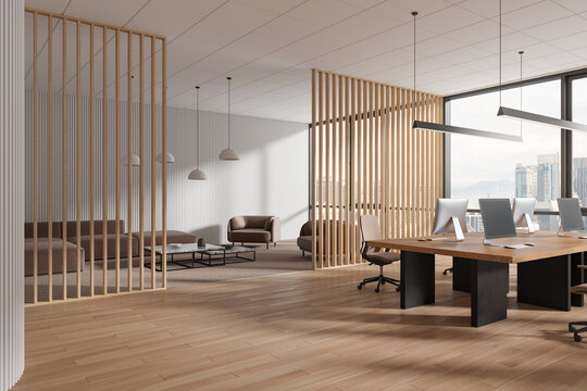 White and wooden open space office with waiting room