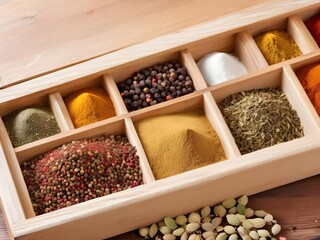 variety of most most popular spices in a wooden box Turmeric, chilli, coriander, salt and cumin seeds are the most common spices