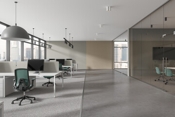 Gray and beige open space office interior - obrazy, fototapety, plakaty