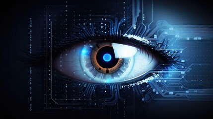 Close-up of human eye with digital binary code.