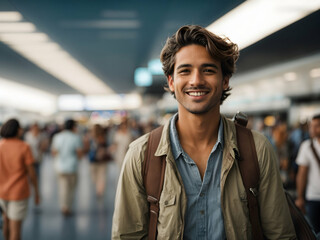 Fototapeta premium young man, tourist at the train station going on a trip, tourism,
