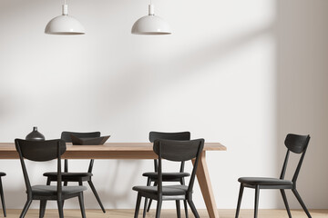 White dining room interior with long table