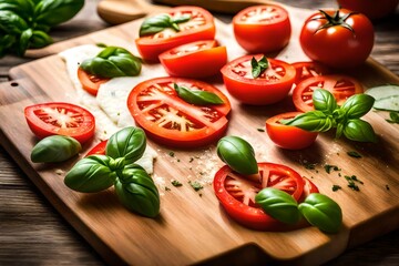 A close-up of a cutting board with sliced tomatoes and basil, hinting at a fresh Caprese salad. - Powered by Adobe