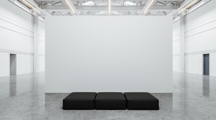 Empty white warehouse interior with doors and sofa
