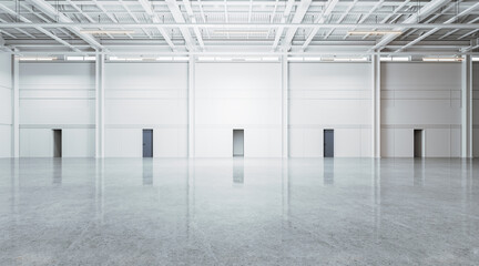 Empty warehouse interior with doors in row, indutrial loft with concrete floor