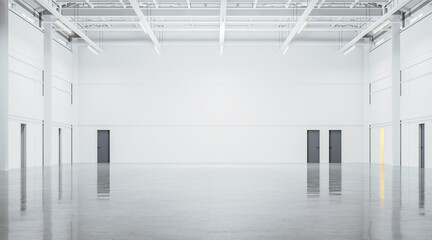 Empty white warehouse interior with doors