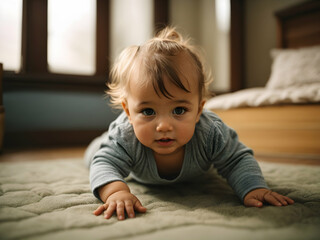 a little European white baby learning to crawl