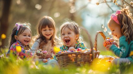 Easter Delight: Cheerful Children with Painted Eggs Celebrate in a Sunny Meadow