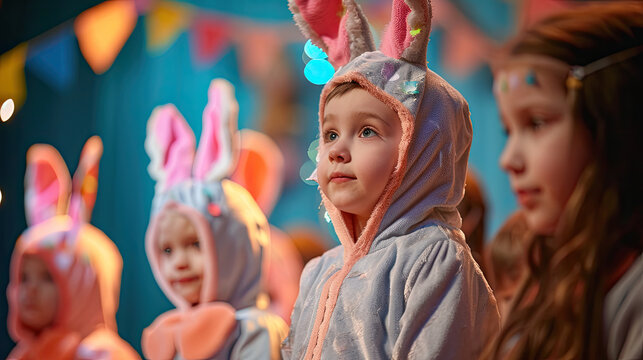 Enchanted Easter: Children in Bunny Costumes Await the Holiday Festivities