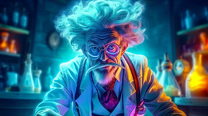 Mad scientist with crazy white hair in his scientific lab. Postproducted generative AI illustration. - obrazy, fototapety, plakaty
