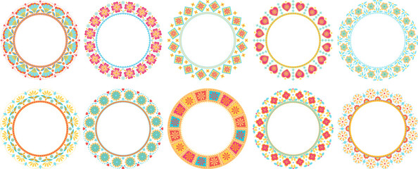 Collection of round frames in folkloric style. Vector separate elements. Use for easter holidays,invitations,postcards,greeting