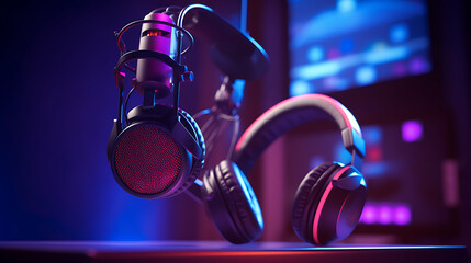 Close-up photo for a microphone and headphones podcast in recording studio. neon led lighting.