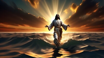 Jesus Christ raised hands and praying to god by walking on water in sunset background. Perfect for mobile of desktop wallpaper. Morning motivation with Jesus Christ 
