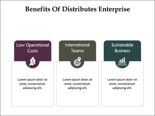 Three benefits of distributes enterprise - Low operational costs, International teams, Sustainable business. Infographic template with icons