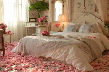 The hotel bed is soft and comfortable with a sprinkling of red roses and candles around the bed generative ai