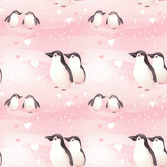 Cute penguins in love seamless pattern. Gift wrapping, wallpaper, background. Wedding or Valentine's day concept