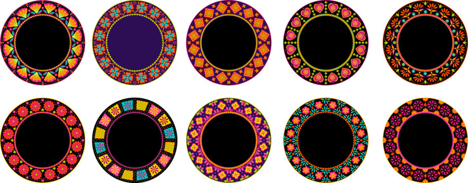 Set of decorative round mandalas in traditional mexican style with copy space. Day of the dead theme vector
