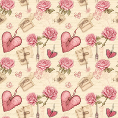 Vintage love postcards seamless pattern. Gift wrapping, wallpaper, background. Wedding or Valentine's day concept