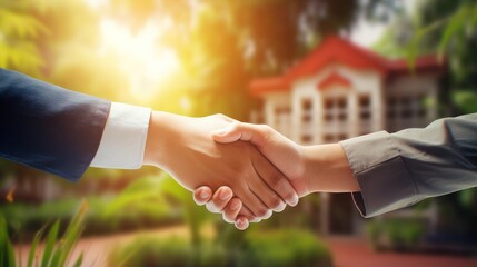 Photo of shaking hands agreeing to hand over the keys in the real estate property business with a house in the background - obrazy, fototapety, plakaty