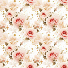 Roses & Gold Glitters seamless pattern. Gift wrapping, wallpaper, background. Wedding or Valentine's day concept