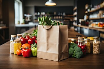 Paper bag with healthy food. Vegetarian food. Healthy food background. Supermarket food concept. Asparagus, cheese, fruits, vegetables, avocados and mushrooms. Shopping at supermarket. Home delivery - obrazy, fototapety, plakaty