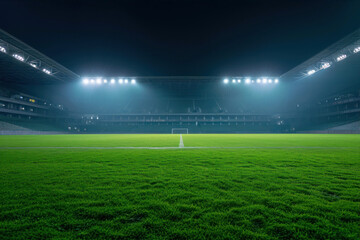 Evening football stadium with bright lights and green grass, soccer field