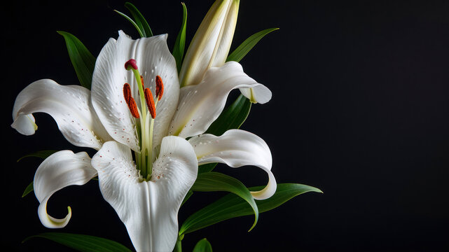 White lily on a black background. Close-up. Studio photography.
