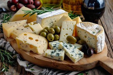 Cheese platter with olives and rosemary on a wooden table