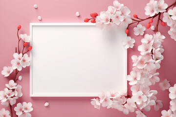 Spring greeting card with empty space for your text in the middle and flowers around as a frame