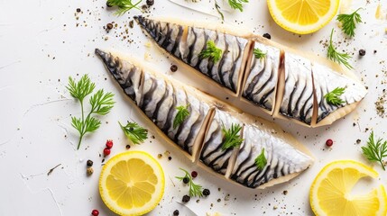 Slices of tasty salted mackerel served on white table, flat lay - obrazy, fototapety, plakaty